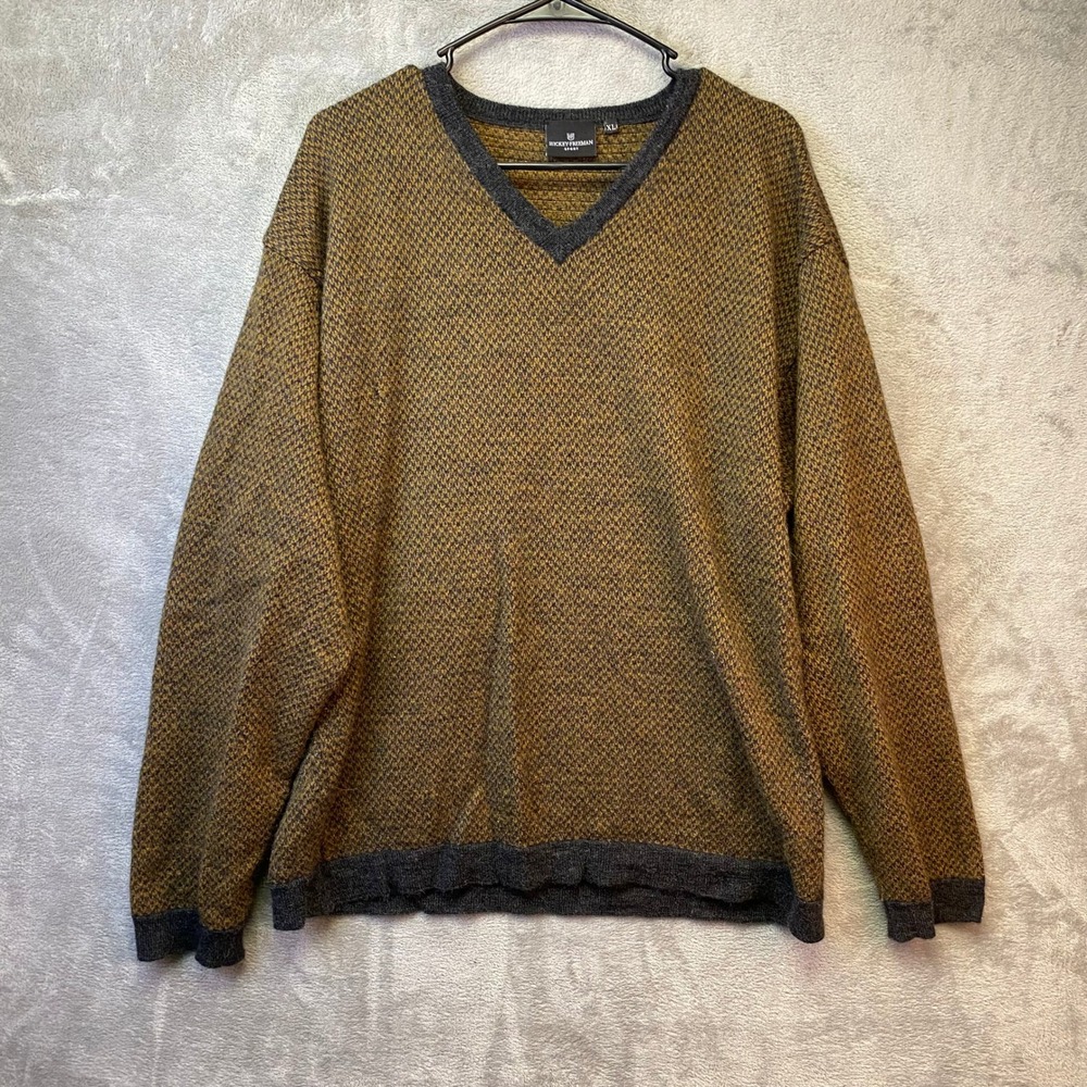 Hickey Freeman Sweater Mens XL V-Neck Brown Alpaca Wool Knit Pullover EUC